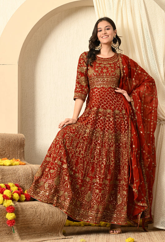 Maroon Red Anarkali with Exceptional Zardozi, Sequence and Zari Work