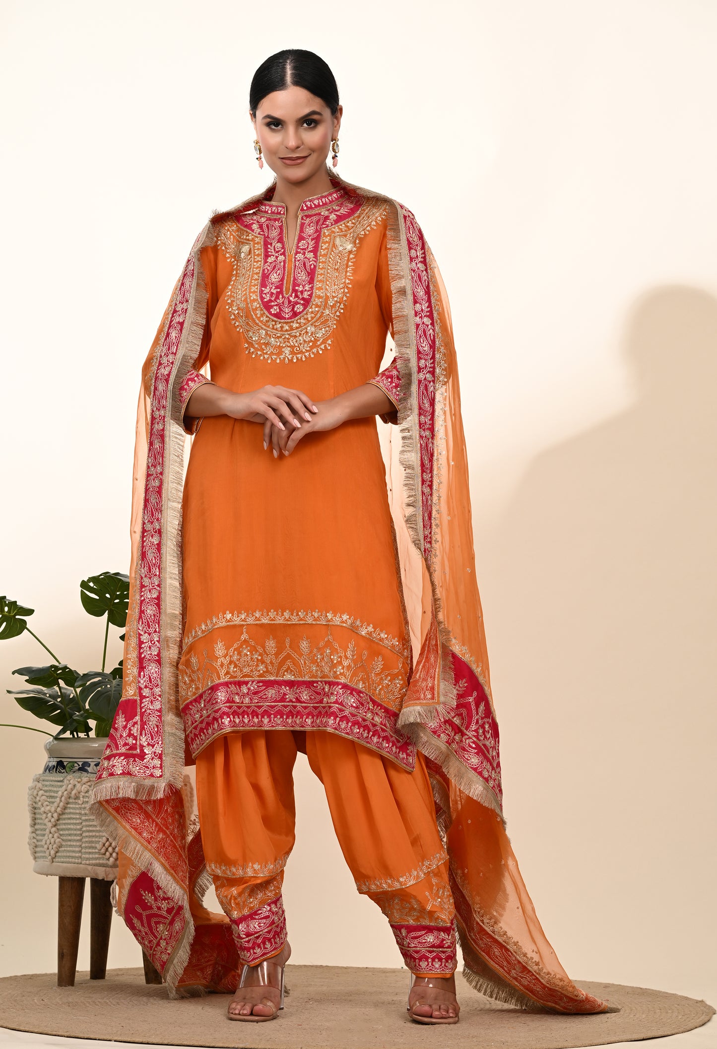 Vibrant Orange Kurta Set with Exquisite Zardozi Embroidery