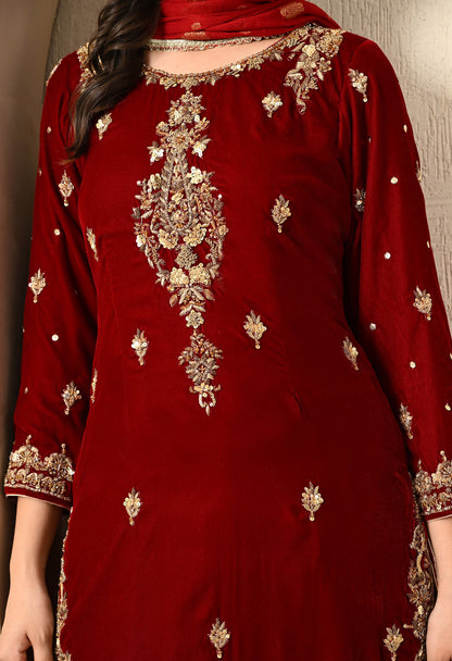 Maroon Red Kurta Set with Zardozi, Dabk, and Stone Work