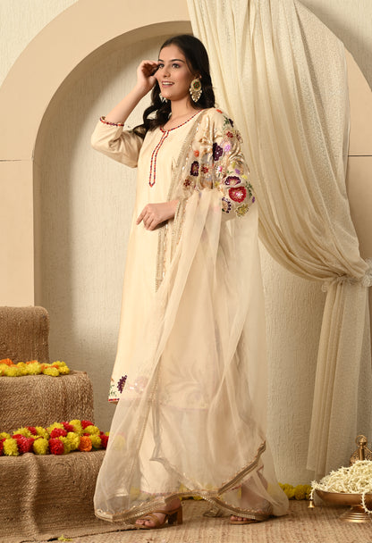 Dark Cream Kurta Set with Sequence and Thread Work