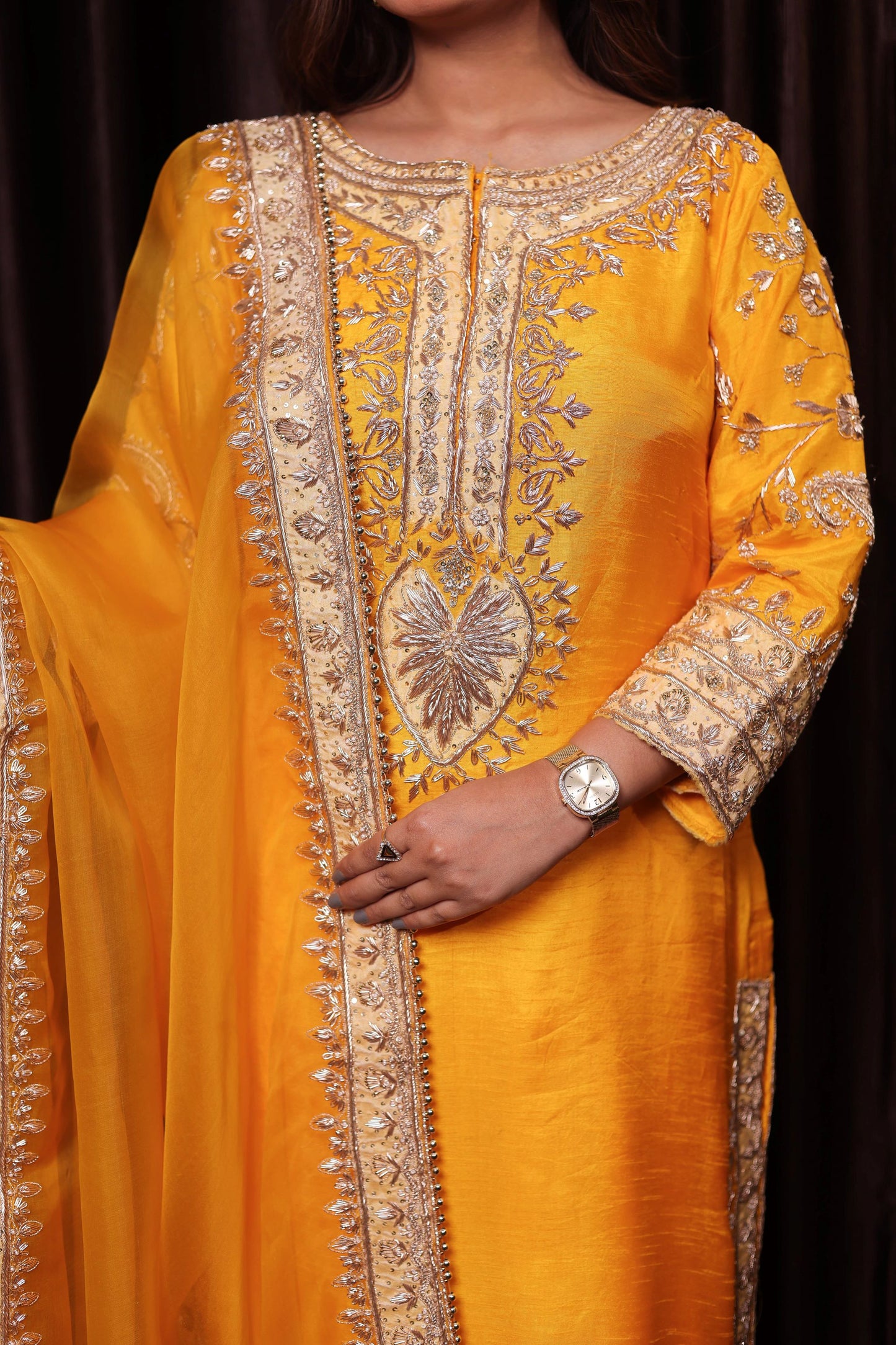 Elegant Saffron Yellow Silk Kurta Set with Intricate Embroidery