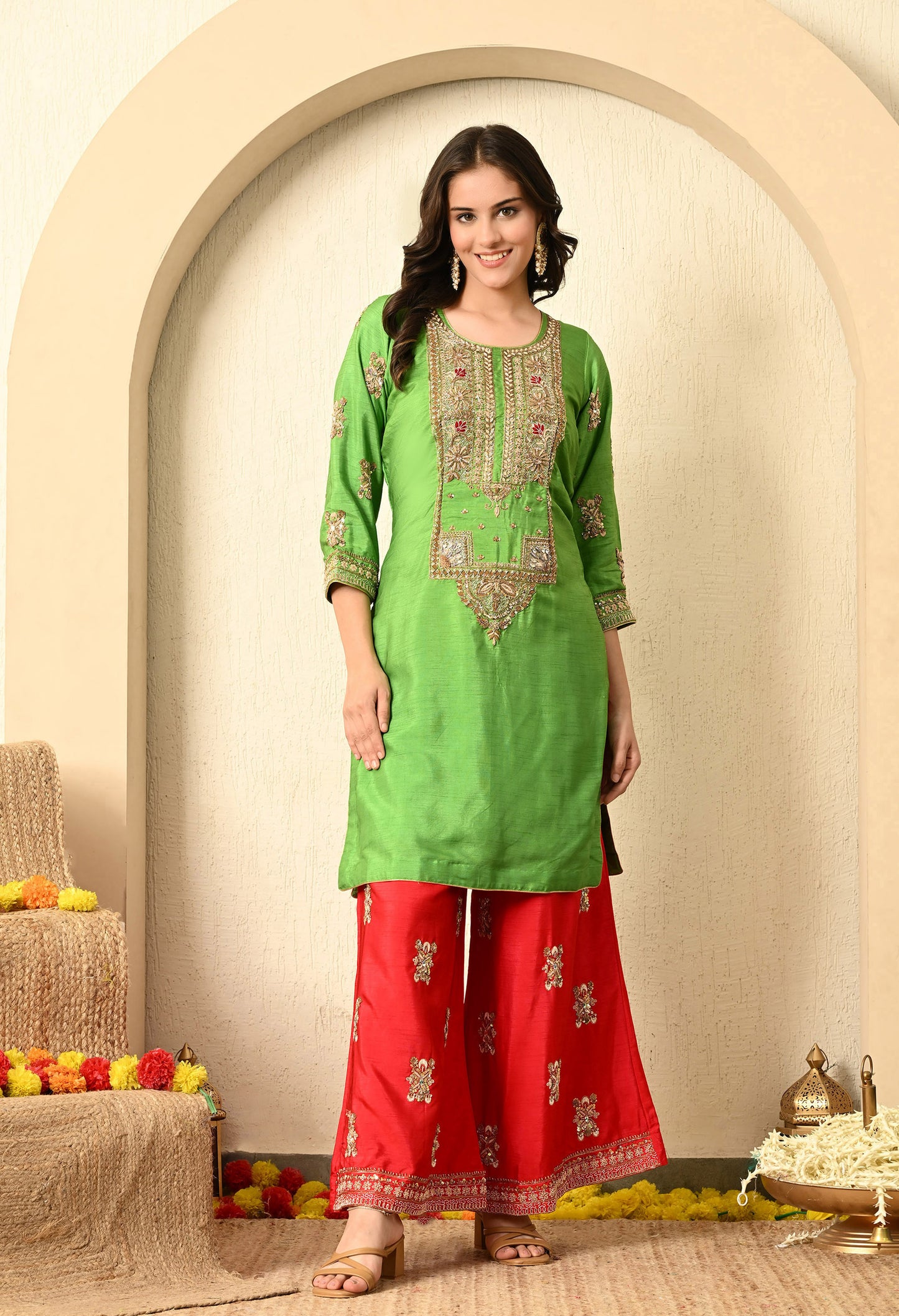 Parrot Green Kurta Set with Zardozi, Stone, and Sequence Work