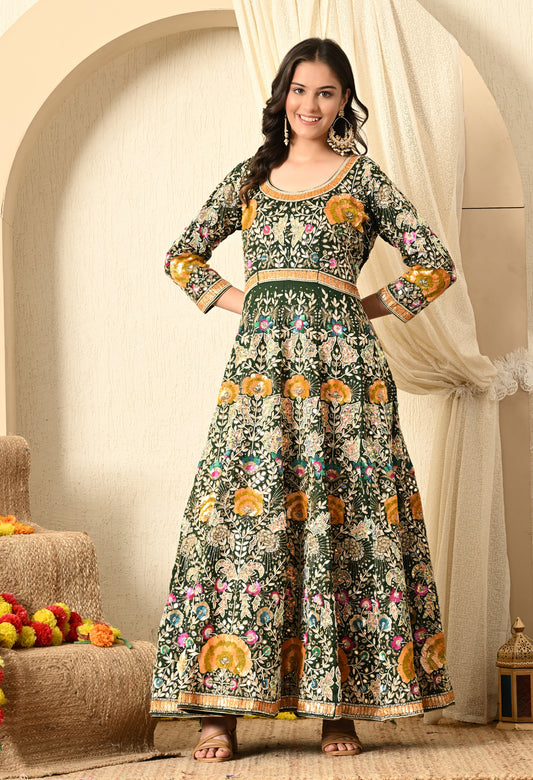 Bottle Green Anarkali with Zardozi, Sippy, Sequence, and Mirror Work