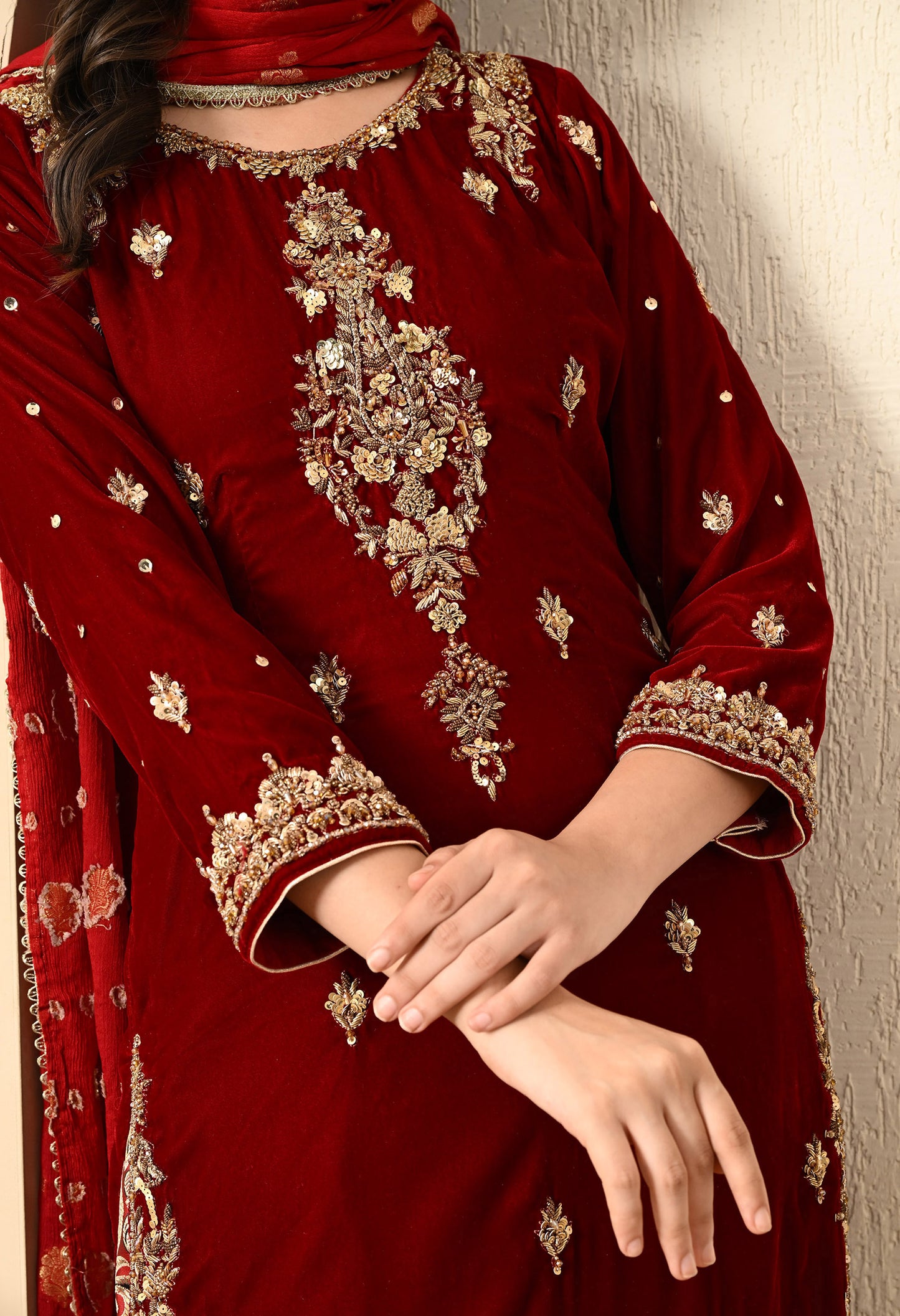 Maroon Red Kurta Set with Zardozi, Dabk, and Stone Work