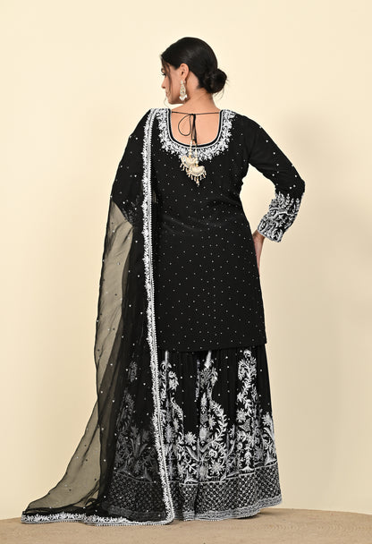 Sophisticated Black Sharara Set with Thread and Sequin Embroidery