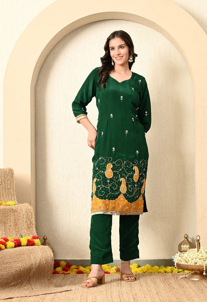 Bottle Green Kurta Set with Zardozi, Applique, and Sequence Work