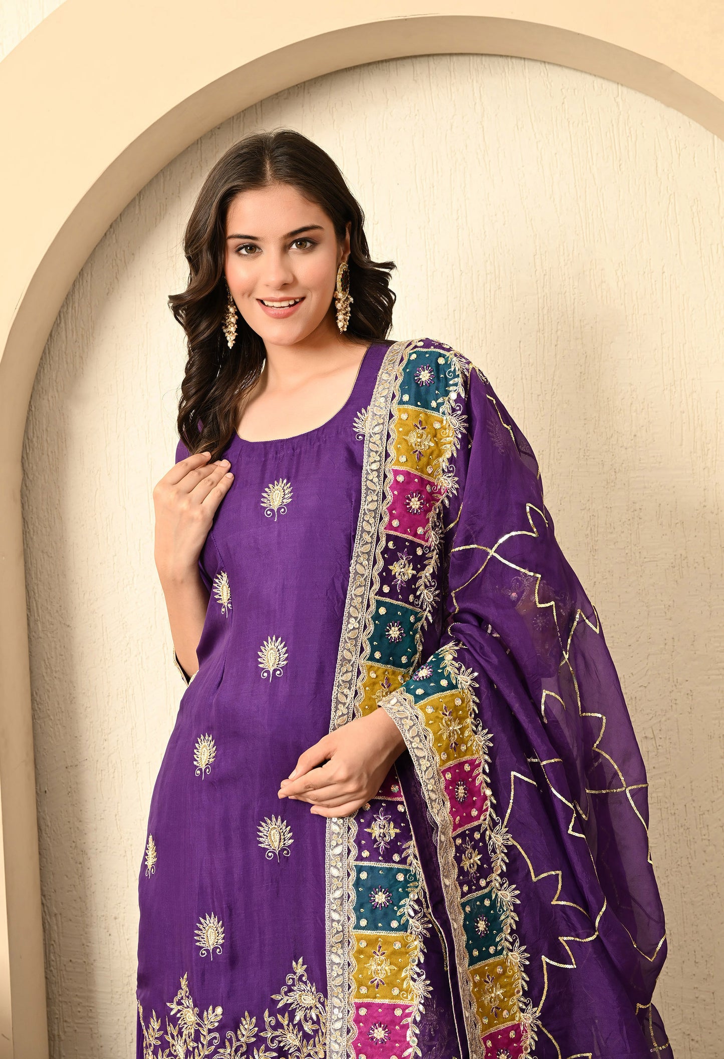 Bright Purple Kurta Set with Zardozi, Sequence, Cutdana, and Naqshi Work