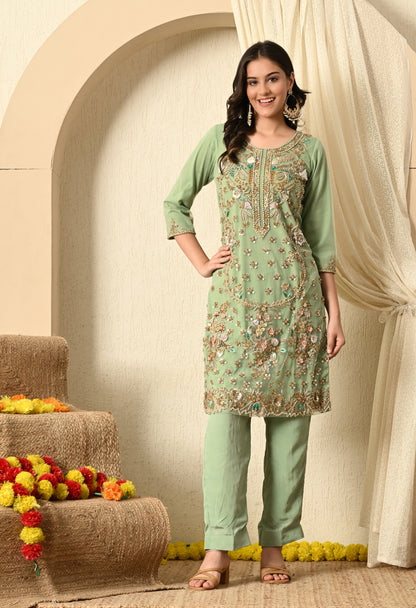 Light Green Kurta Set with Zardozi, Sequence, Pearl and Sippy Work