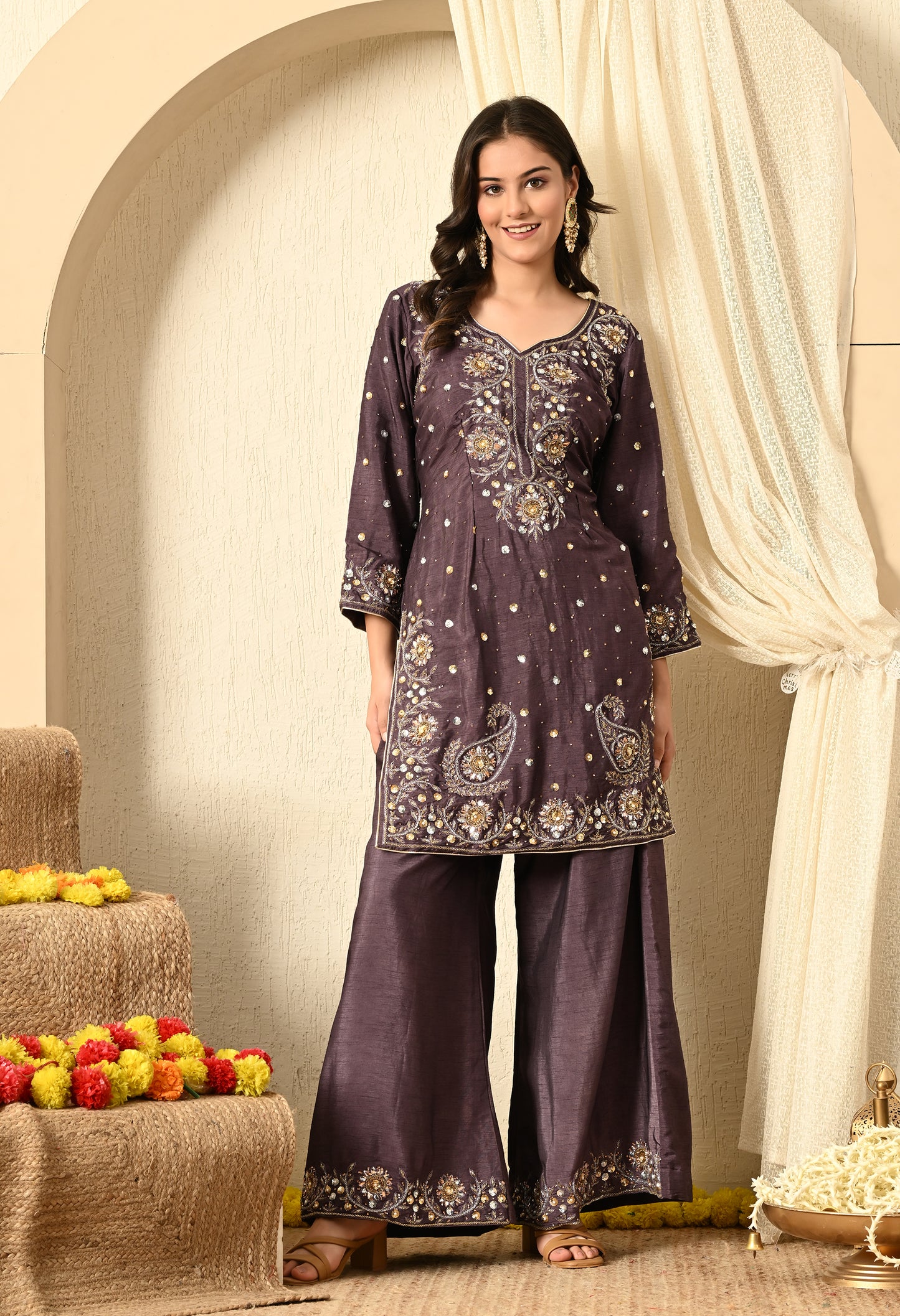 Purplish Grey Kurta Set with Mukaish, Zardozi and Sequence Work