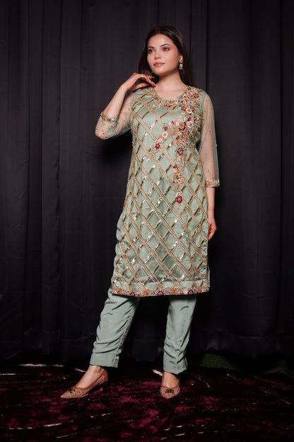 Subtle Light green Kurta Set with Beautiful Zardozi, Thread, and Sequence Work