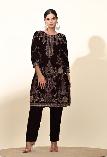 Rich Dark Maroon Kurta Set with Exquisite Zardozi Embroidery