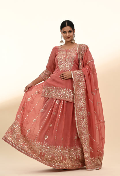 Creamy Peach Organza Lehenga Set with Zardozi, Gotta, and Crystal Embroidery