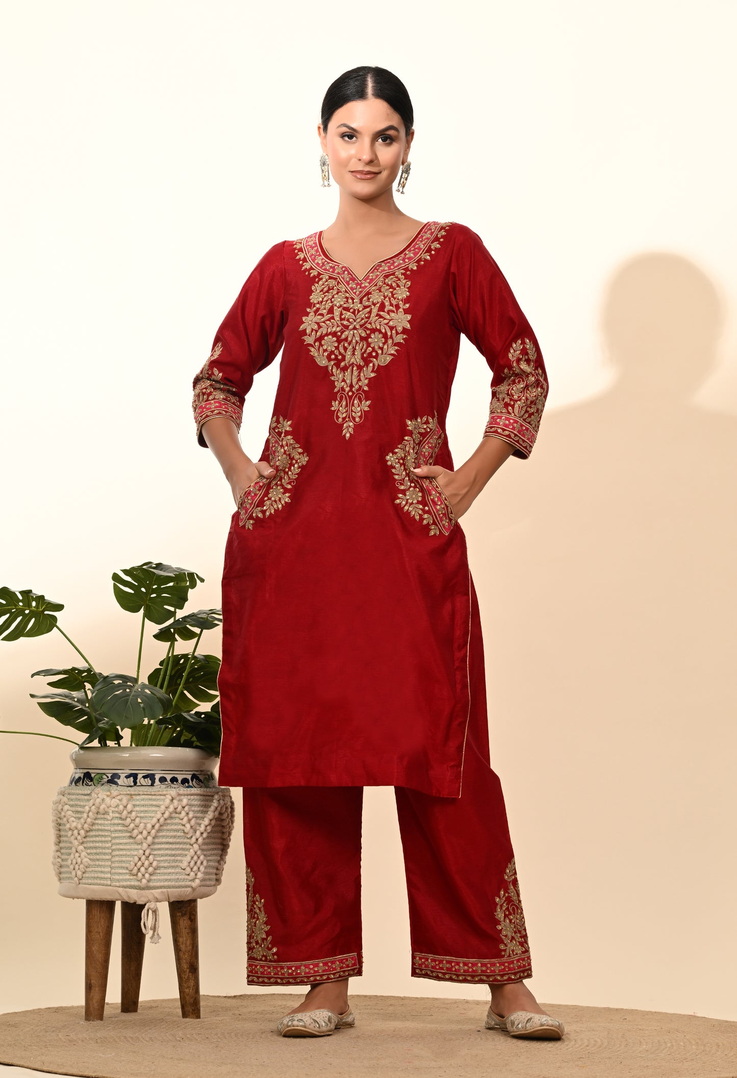 Deep Maroon Silk Kurta Set with Thread and Sequin Embroidery