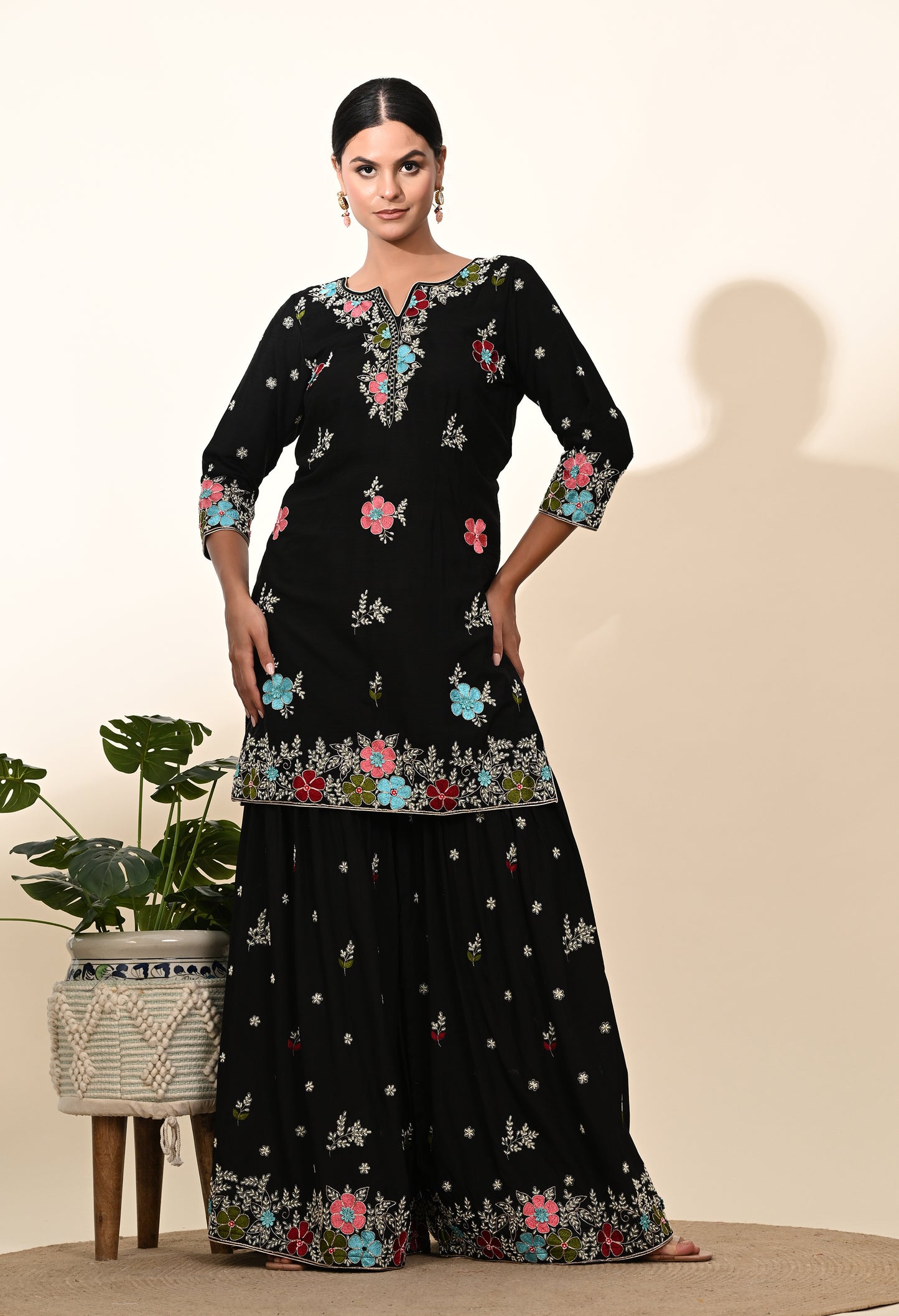 Striking Black Silk Sharara Set with Zardozi Embroidery