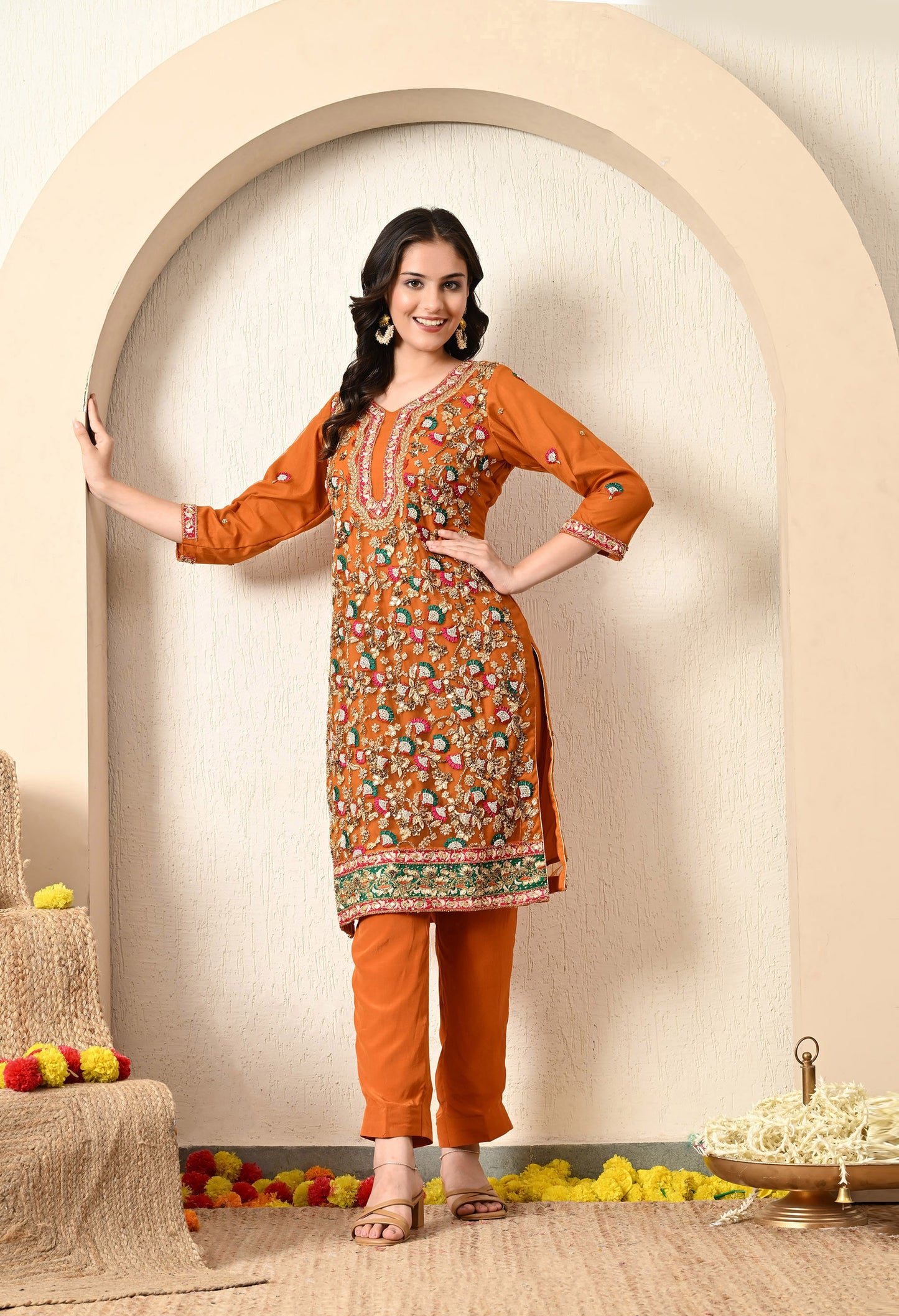 Yellowish Orange Kurta Set with Thread, Zardozi and Sequence Work