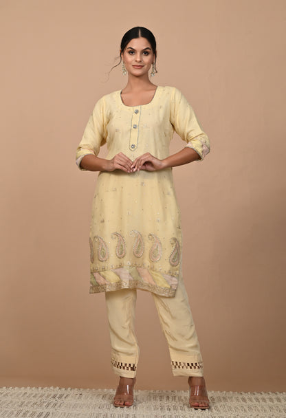 Elegant Light Yellow Kurta Set with Zardozi Embroidery