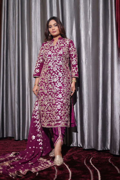 Regal Royal Purple Bamber Chiffon Kurta Set with LCD and Gotta Embroidery