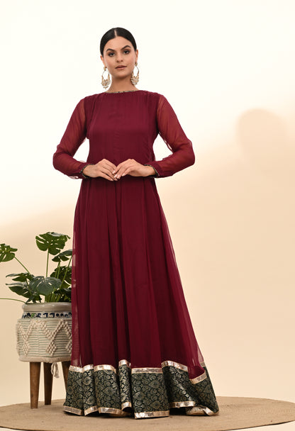 Elegant Reddish Maroon Chinon Anarkali with Embroidery