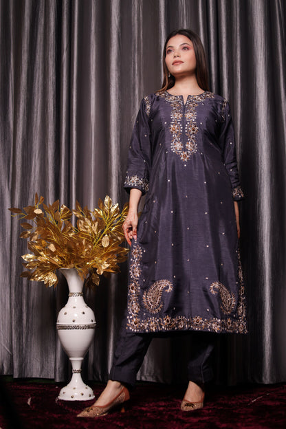 Subtle Dark Grey Kurta Set with Intricate Mukaish Work