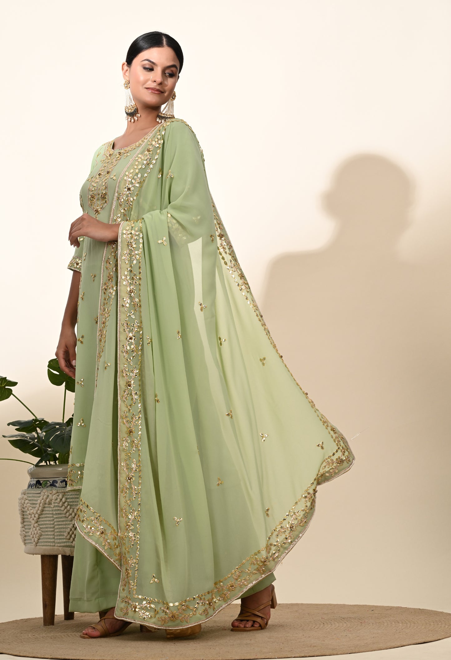 Regal Light Green Georgette Sharara Set with Zardozi Embroidery