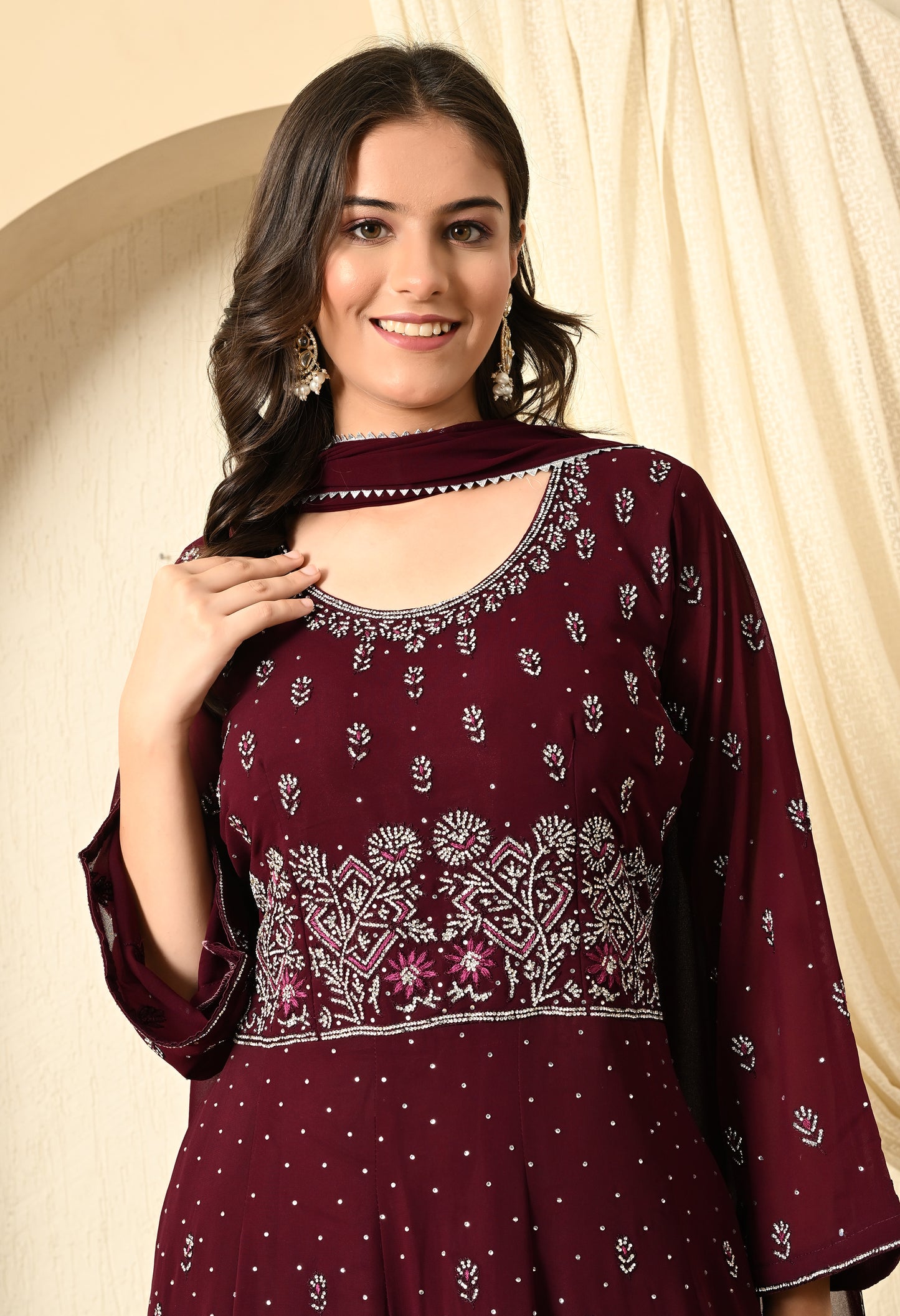 Dark Wine Sharara Set with Thread and Crystal Work