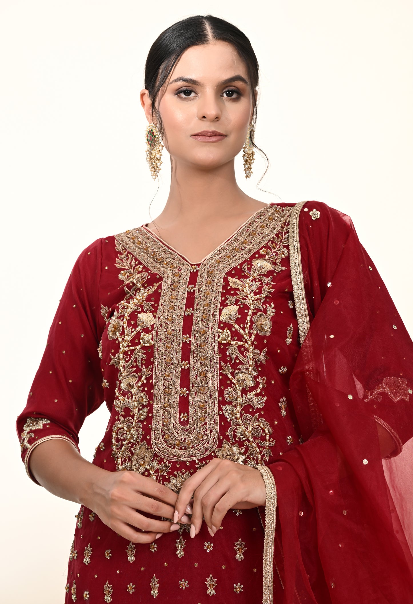 Elegant Maroon Red Kurta Set with Rich Zardozi Embroidery