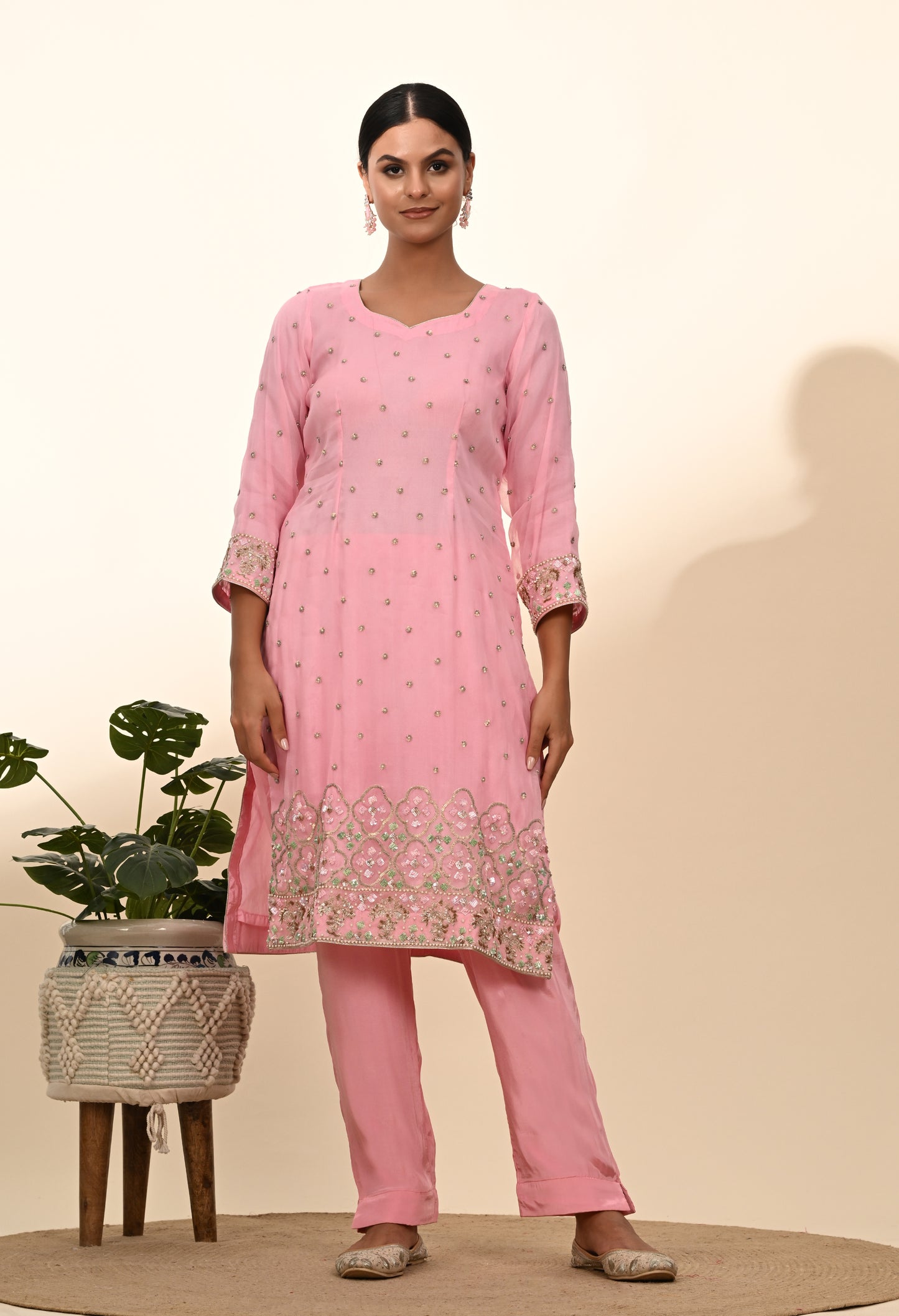 Elegant Onion Pink Organza Kurta Set with Sequence and Thread Embroidery