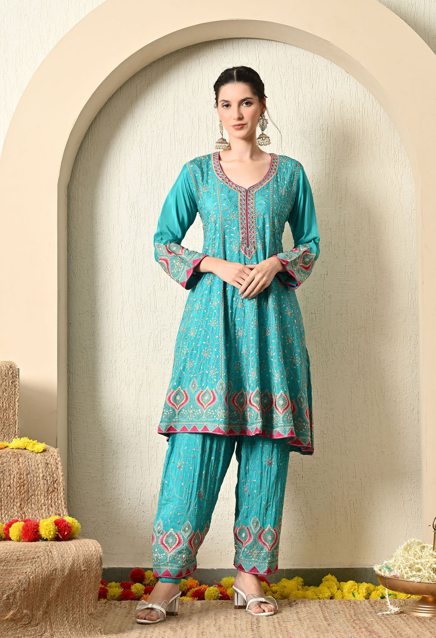 Light Blue Kurta Set with Exquisite Thread, Zari & Crystal Work