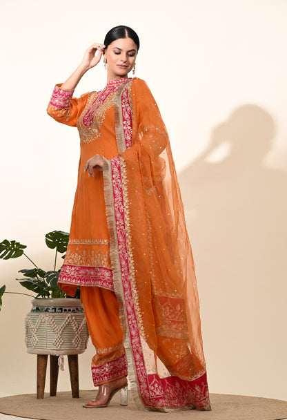 Vibrant Orange Kurta Set with Exquisite Zardozi Embroidery