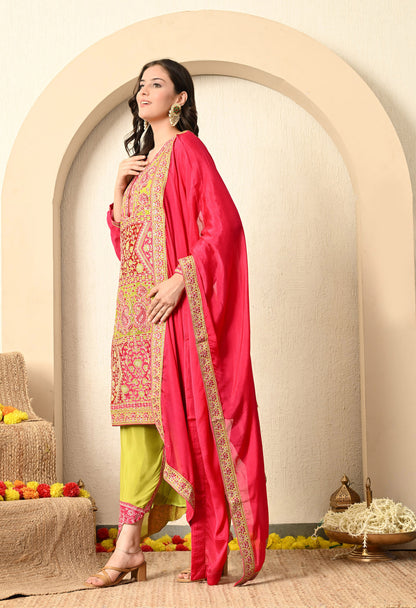 Green and Pink Kurta Set with Thread and Zari Work