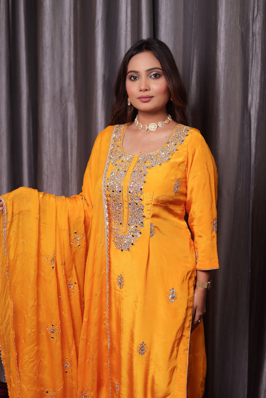 Bright Saffron Yellow Crepe Kurta Set with Zardozi and Gotta Embroidery