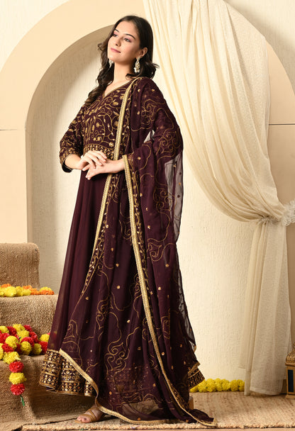 Dark Wine Anarkali  with Zardozi and Sequence Work