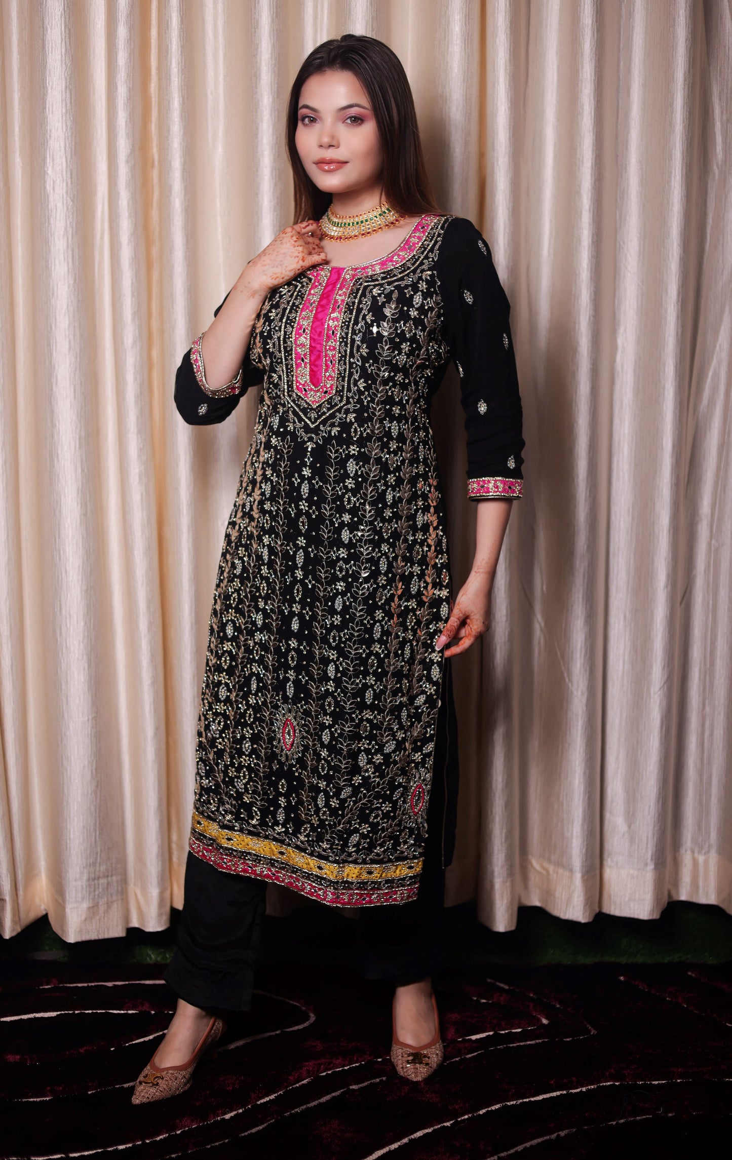 Stunning Black Kurta Set with Beautiful Zardozi, Applique, Leather, and Crystal Work