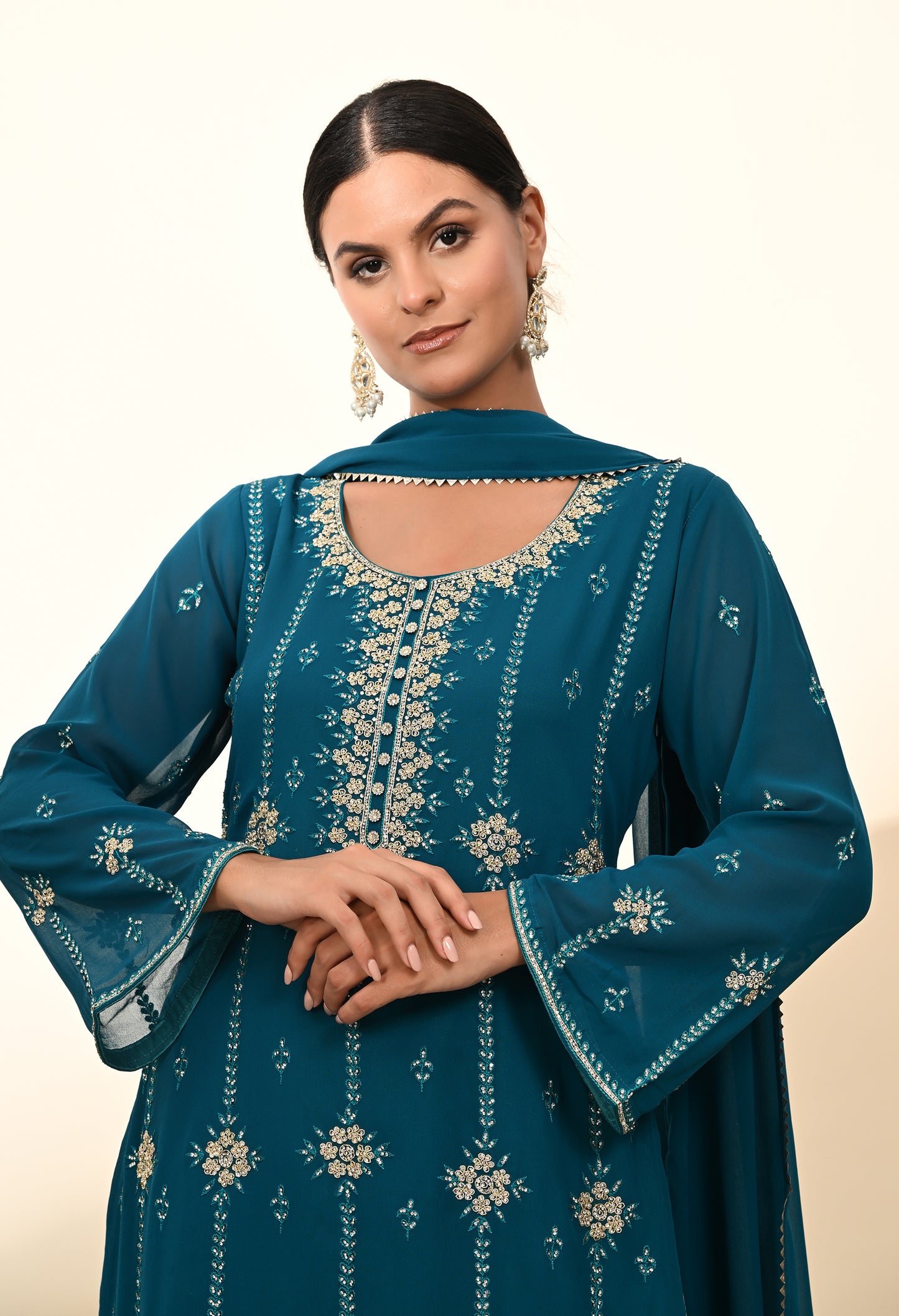 Striking Firozi Blue Georgette Sharara Set with Thread and Crystal Embroidery