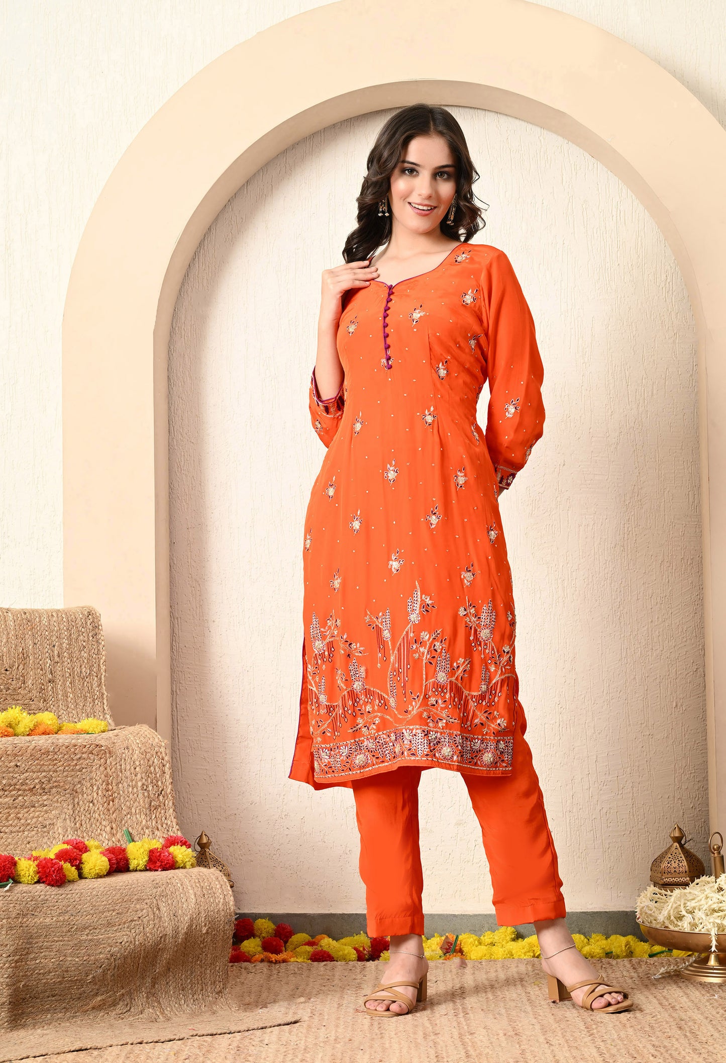 Orange Kurta Set with Zardozi, Sequence and Thread Work