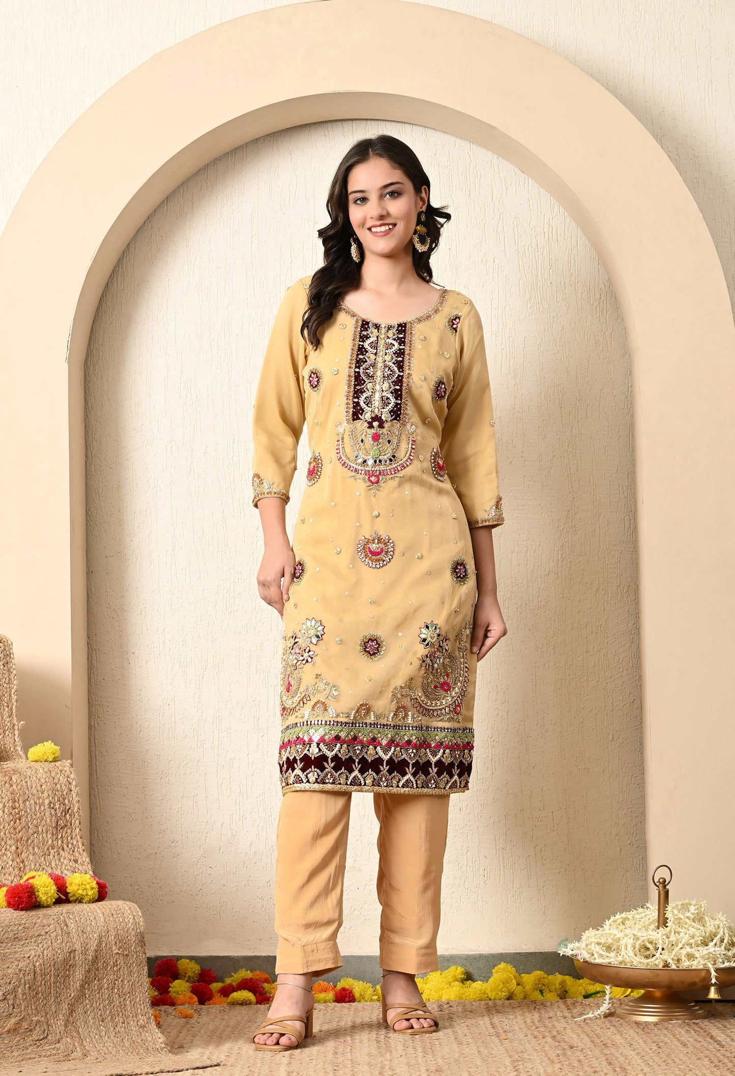 Golden Yellow Kurta Set with Zardozi, Thread, Pearl and Mirror Work