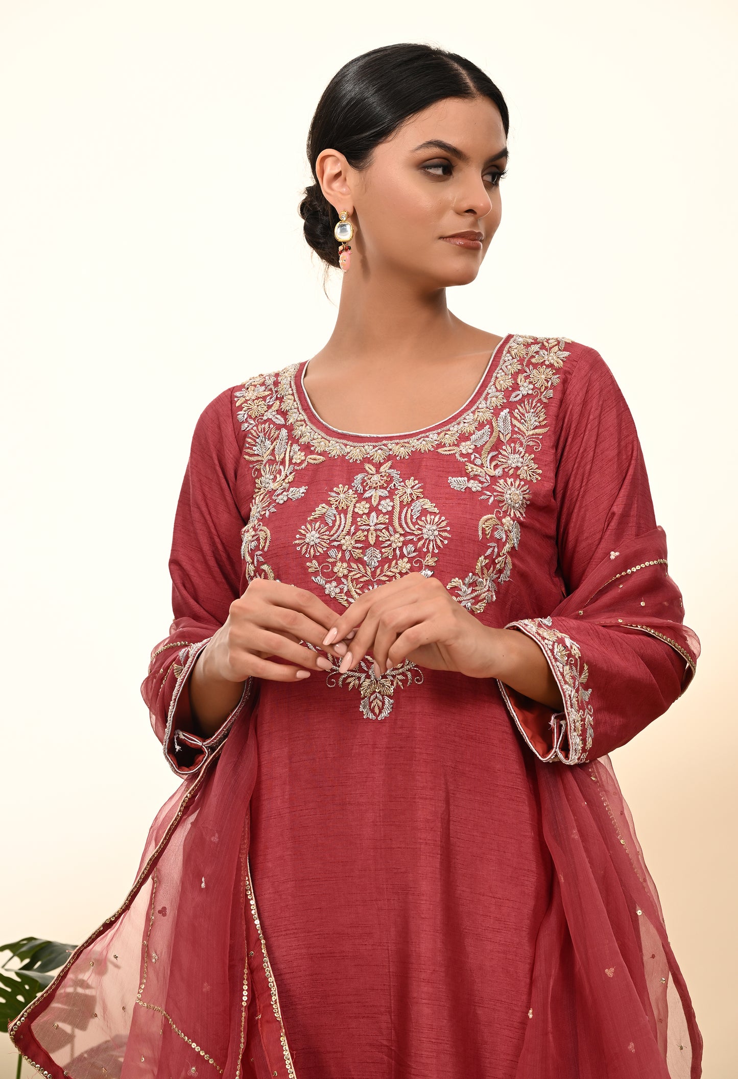 Warm Brown Red Silk Kurta Set with Zardozi Embroidery