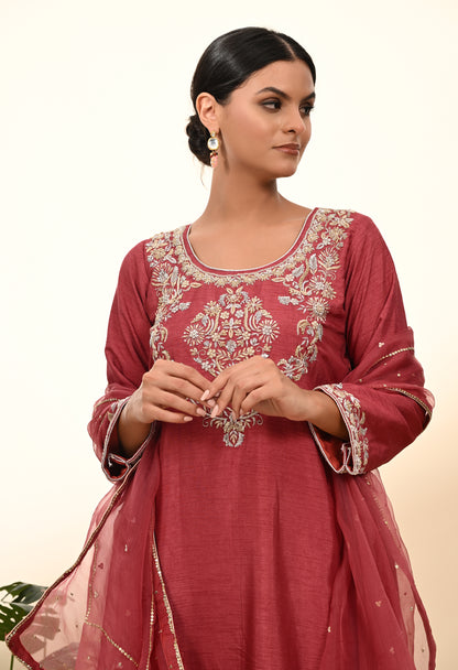 Warm Brown Red Silk Kurta Set with Zardozi Embroidery