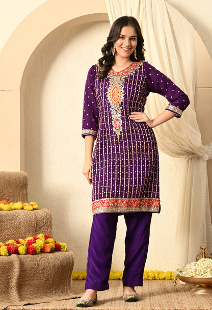 Royal Purple Kurta Set with Gotta, Thread, Applique and Zardozi Work