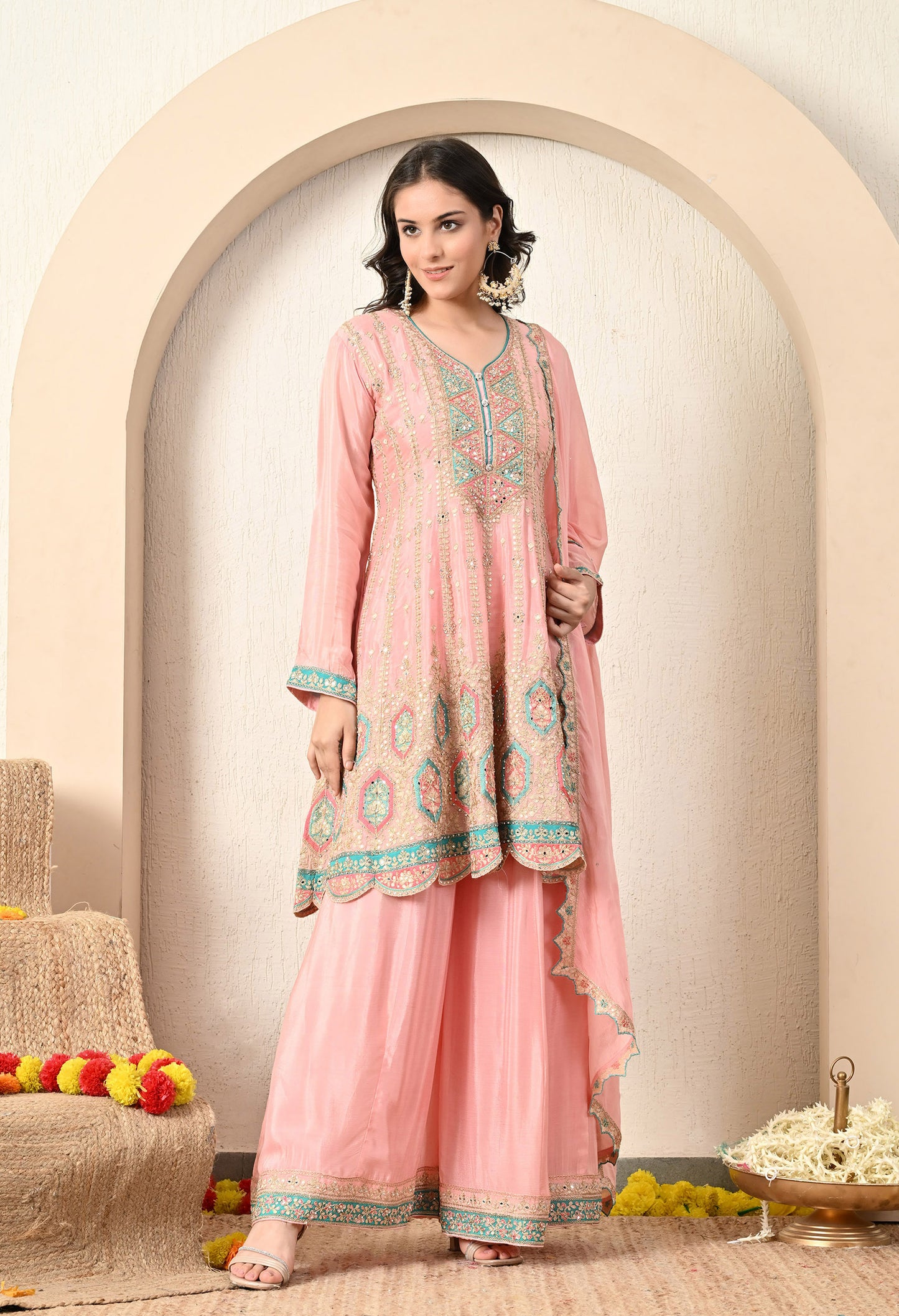 Light Pink Sharara Set with Thread and Zari Work