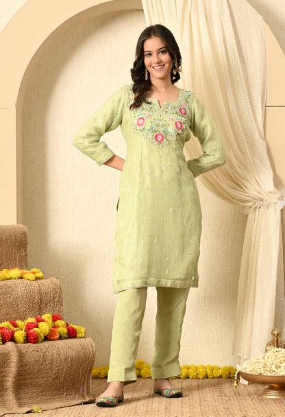 Light Green Kurta Set with Parsi, Thread & Crystal Work