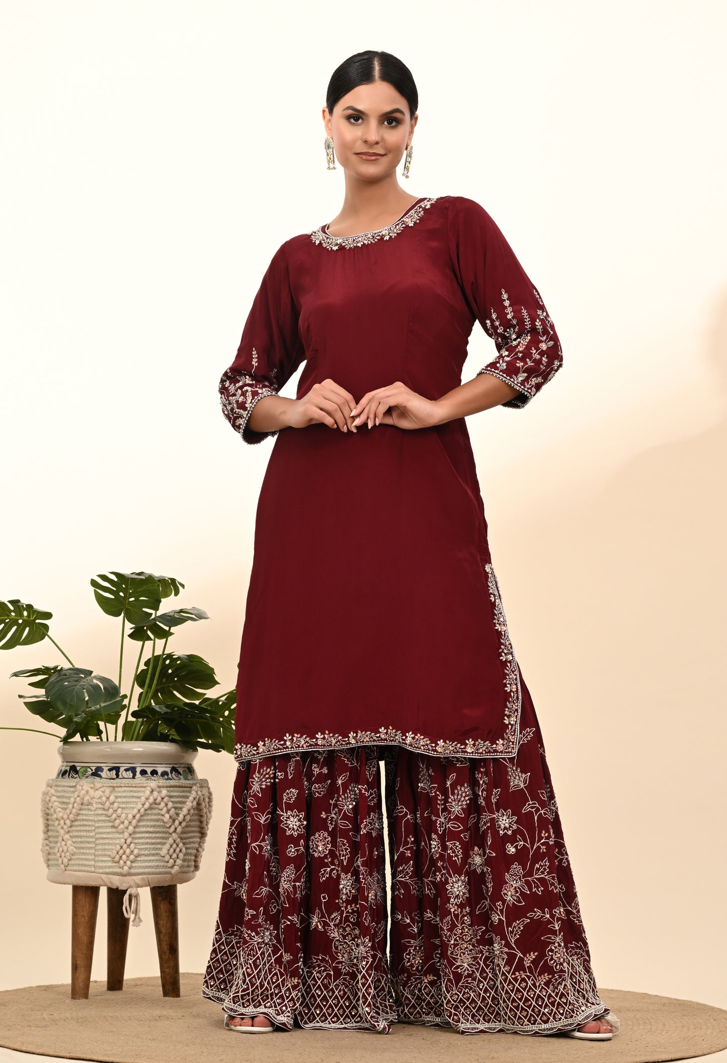 Rich Maroon Crepe Sharara Set with Thread and Sequin Embroidery