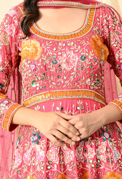 Dark Pink Anarkali with Zardozi, Sippy, Sequence, and Mirror Work