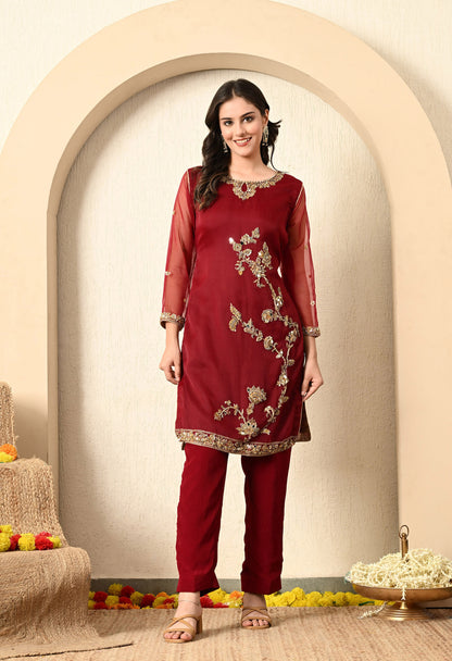 Maroon Red Kurta Set with Zardozi, Dabka, and Crystal Work