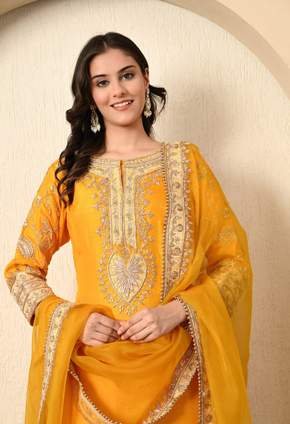 Saffron Yellow Kurta Set with Zardozi, Tilla, and Dabka Work