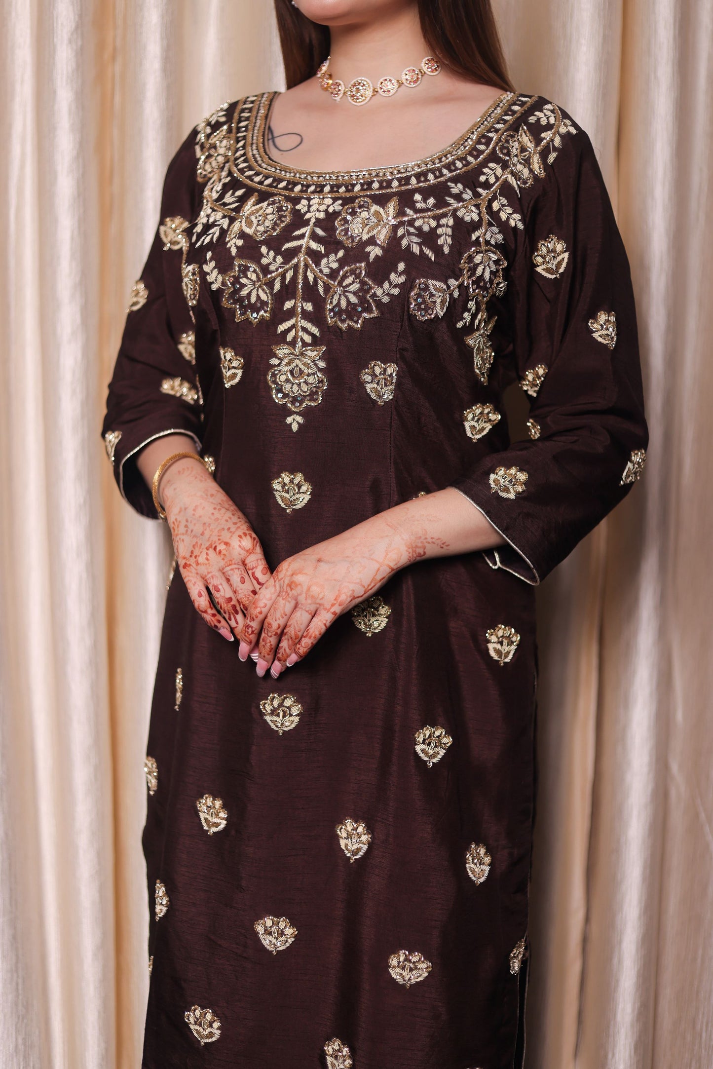 Chocolate Brown Kurta Set with Beautiful Zardozi, Tilla, and Sequence Work