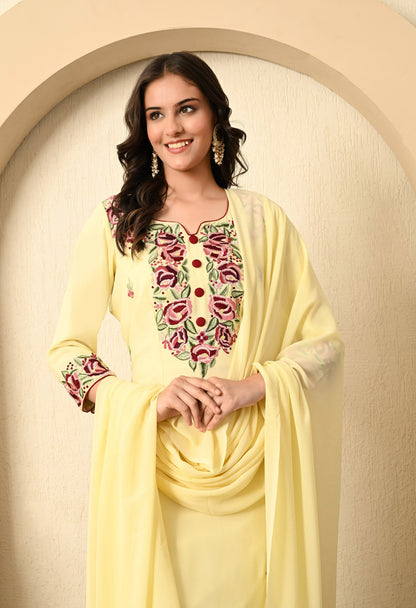 Custard Yellow Kurta Set with Thread and Parsi Work