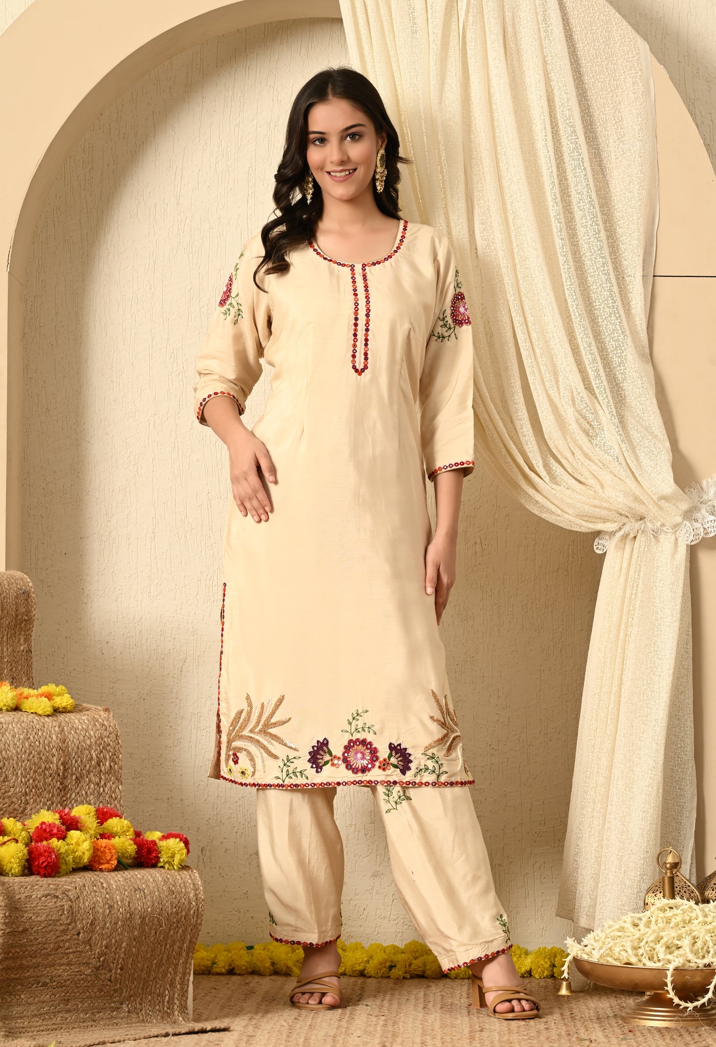 Dark Cream Kurta Set with Sequence and Thread Work