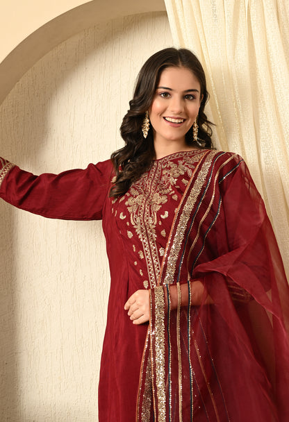 Red Maroon Sharara Set with Thread, Zari, and Sequence Work