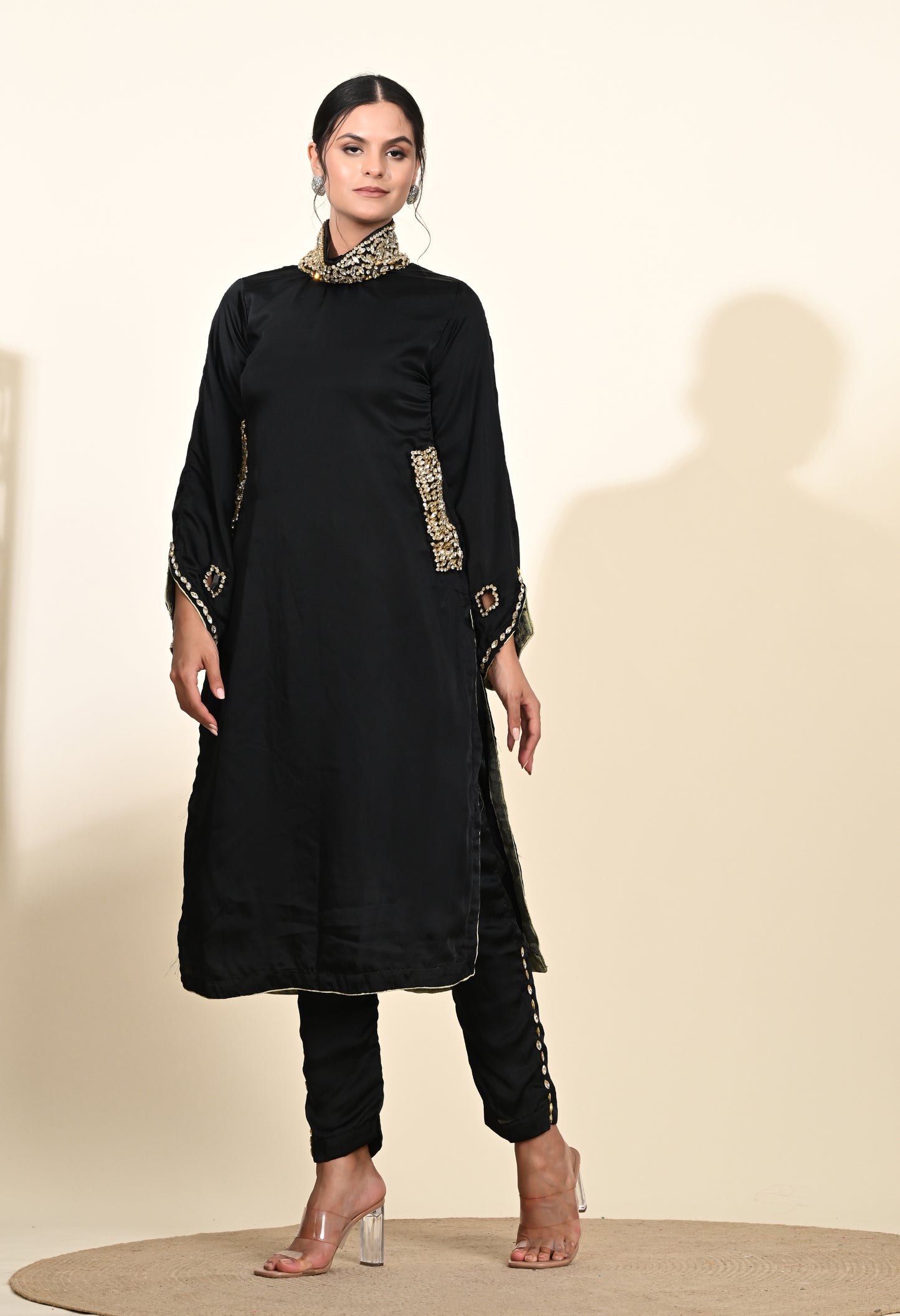 Sophisticated Black Kurta Set with Exquisite Crystal Embroidery